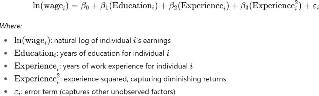 Empirical model specification for earnings: log wage equals a constant plus education level, work experience, experience squared, and an error term.