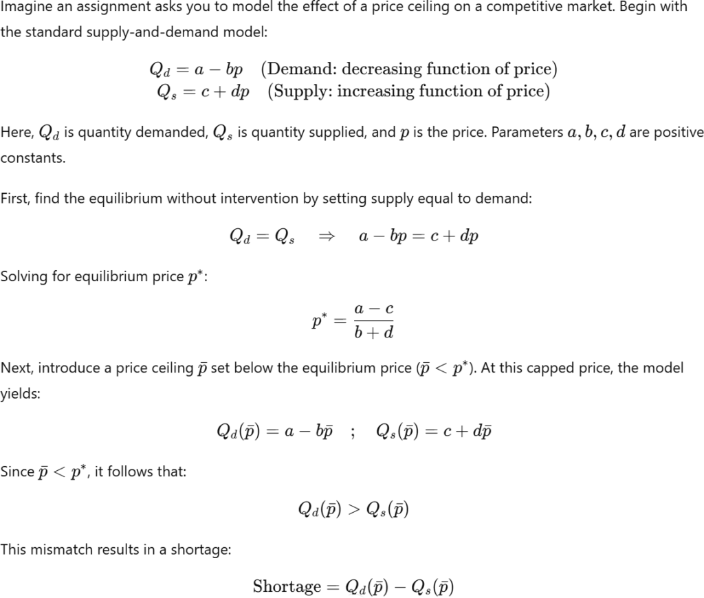 Equations demonstrating the theoretical effect of a price ceiling: demand equals supply to find equilibrium price; introduction of a price ceiling below equilibrium creates a shortage as quantity demanded exceeds quantity supplied.